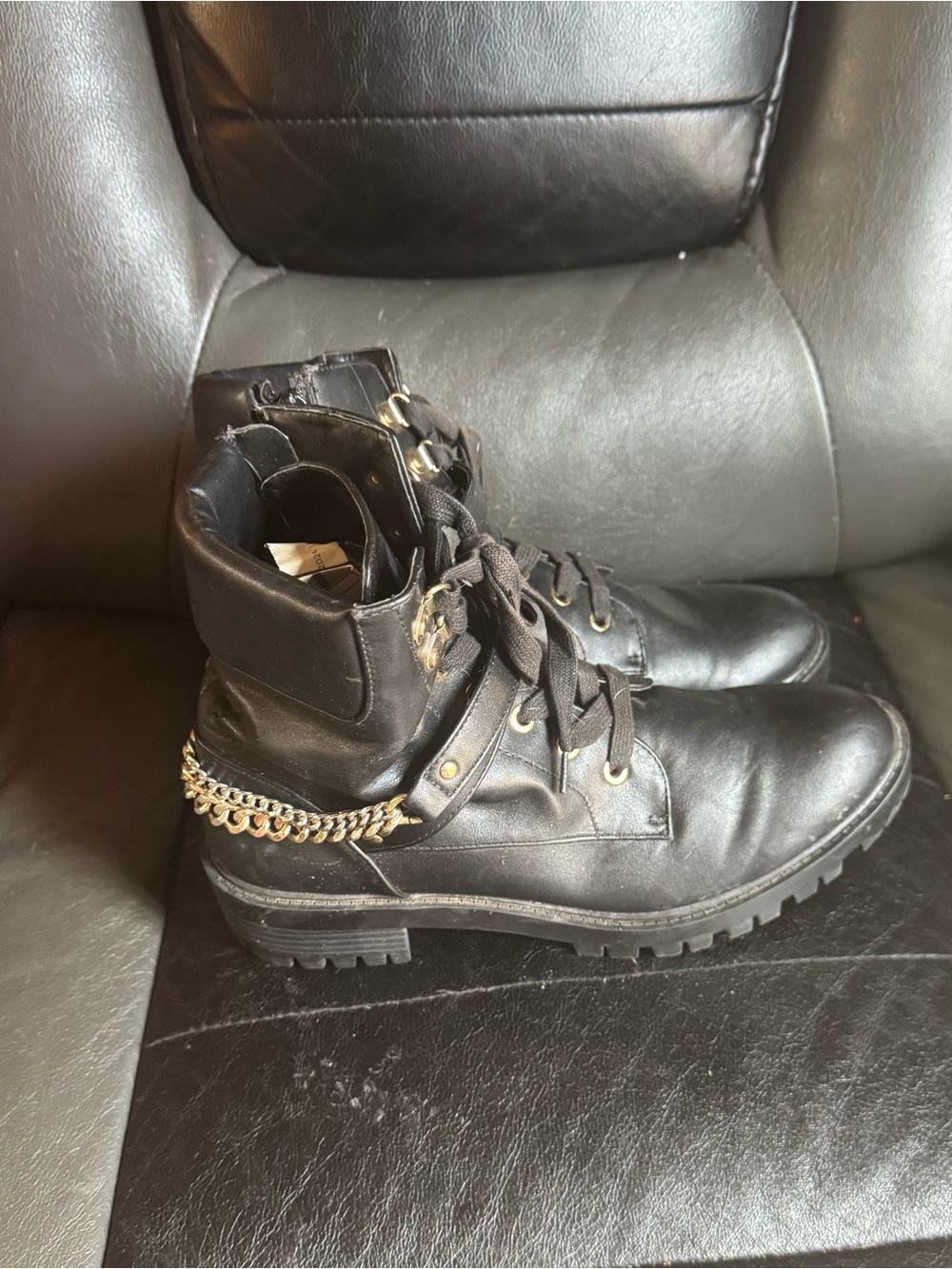 Rachel Zoe Black Leather Combat Boots with Gold Chain
